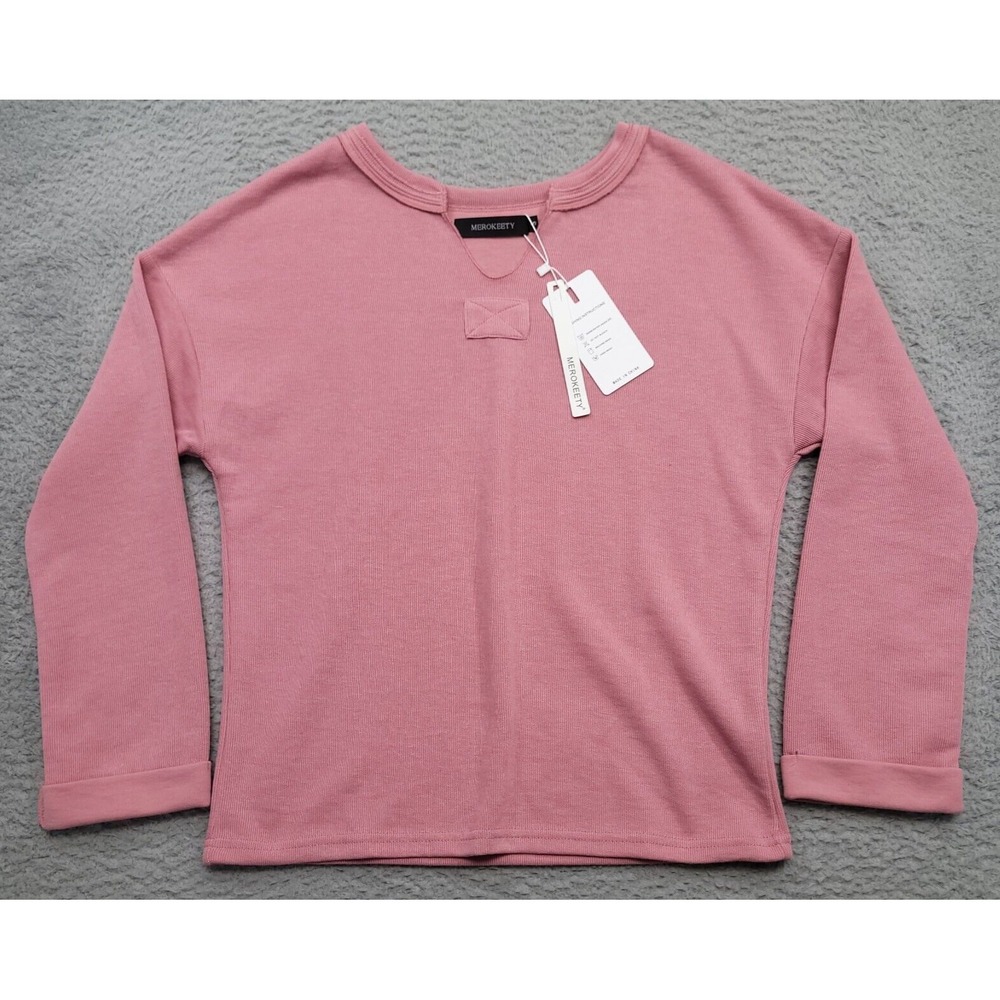 Merokeety Women's S Sweater Pink Pullover Cuff Sleeves V Neck NWT